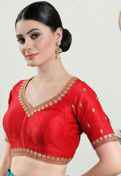 Embroidered Art Silk Blouse in Red