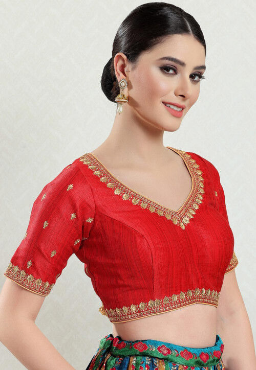 Embroidered Art Silk Blouse in Red