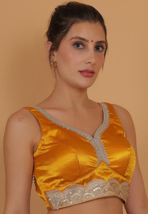 Embroidered Art Silk Blouse in Yellow
