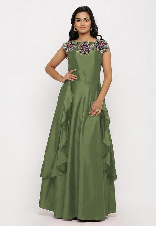 Green Color Narayanpet Gown With Zari Weaving Work South Indian Gown in  USA, UK, Malaysia, South Africa, Dubai, Singapore