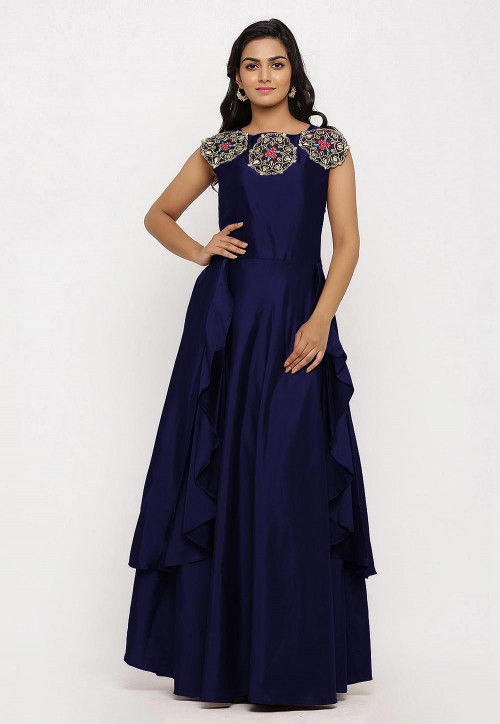 Embroidered Art Silk Cascade Pleated Gown in Navy Blue