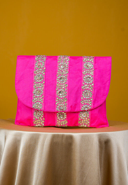 Embroidered Art Silk Clutch Bag in Fuchsia