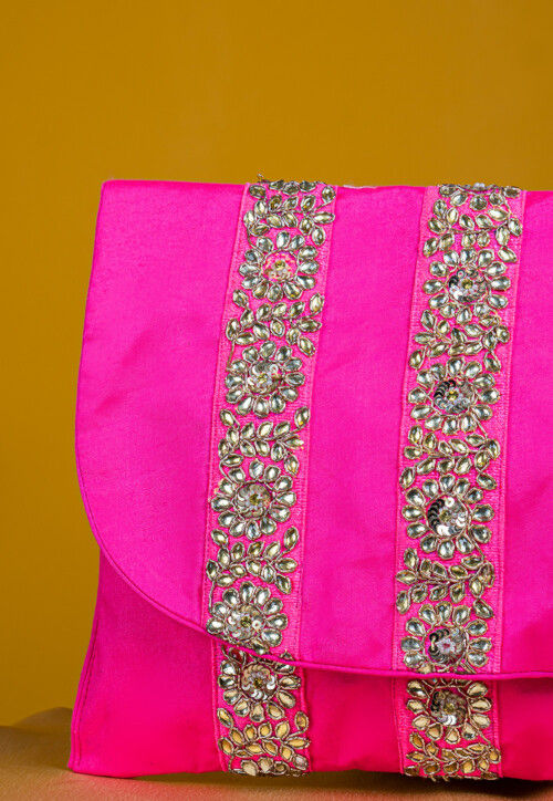 Embroidered Art Silk Clutch Bag in Fuchsia