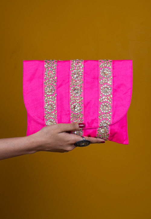 Embroidered Art Silk Clutch Bag in Fuchsia