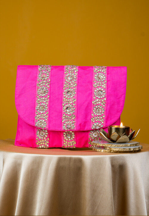 Embroidered Art Silk Clutch Bag in Fuchsia