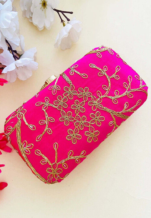 Embroidered Art Silk Clutch Bag in Fuchsia