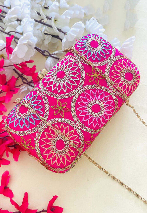 Embroidered Art Silk Clutch Bag in Fuchsia