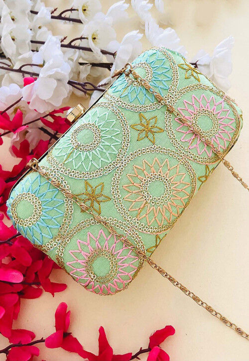 Embroidered Art Silk Clutch Bag in Green