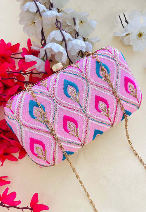 Embroidered Art Silk Clutch Bag in Pink
