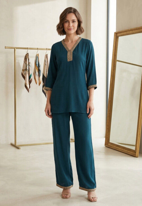 Buy Embroidered Art Silk Co Ord Set in Teal Blue Online : TEC836 ...