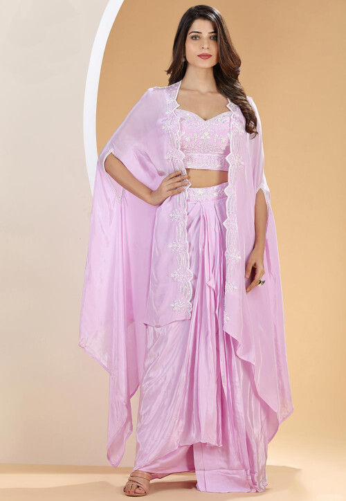 Buy Magenta Satin Embroidered Beads Draped Asymmetric Crop Top For