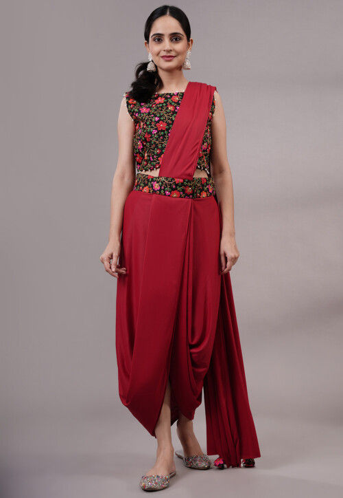 Embroidered Art Silk Crop Top Set in Black