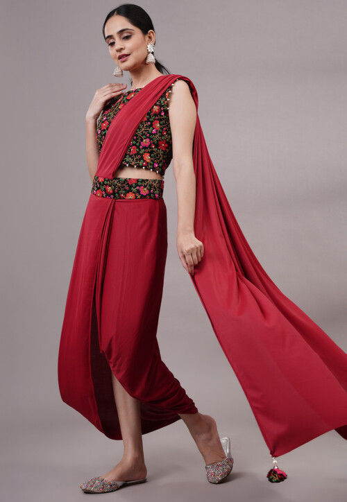 Embroidered Art Silk Crop Top Set in Black