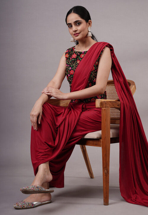 Embroidered Art Silk Crop Top Set in Black