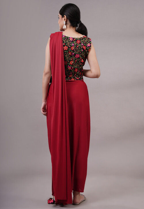 Embroidered Art Silk Crop Top Set in Black