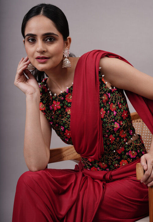 Embroidered Art Silk Crop Top Set in Black