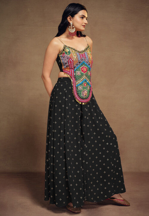 Embroidered Art Silk Crop Top Set in Black