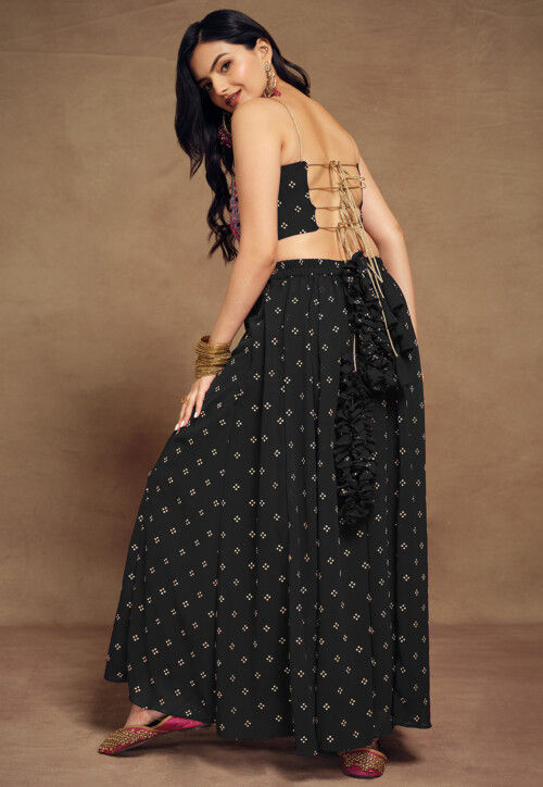 Embroidered Art Silk Crop Top Set in Black