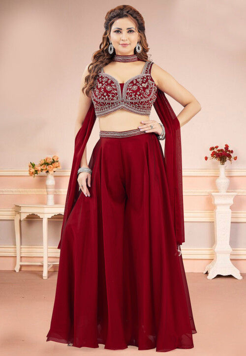 Embroidered Art Silk Crop Top Set in Maroon