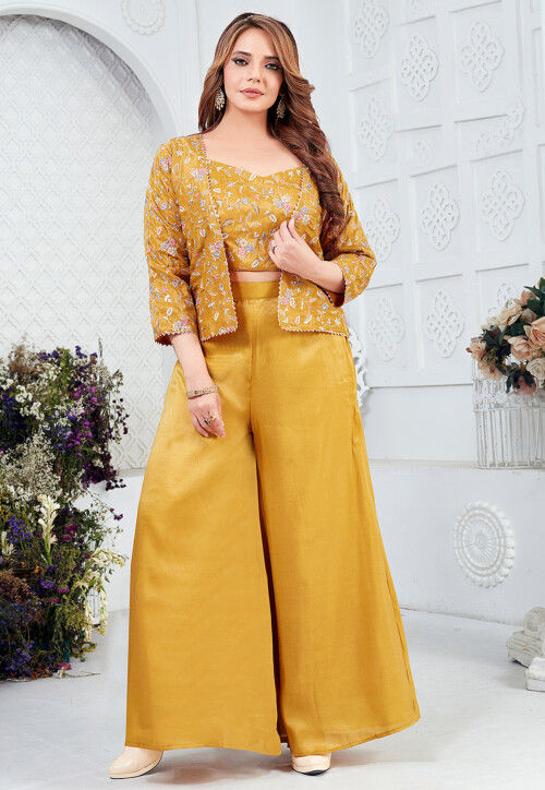 Embroidered Art Silk Crop Top Set in Mustard