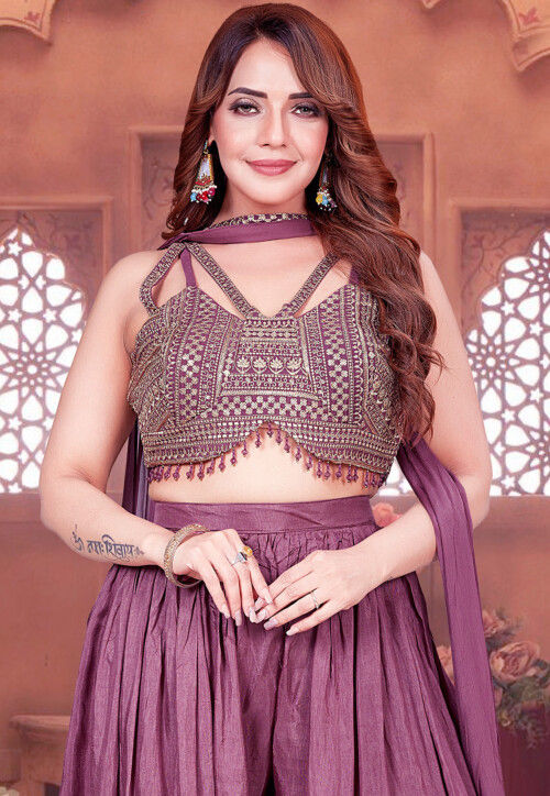 Embroidered Art Silk Crop Top Set in Purple