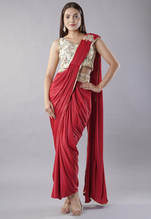 Embroidered Art Silk Crop Top Set in Red