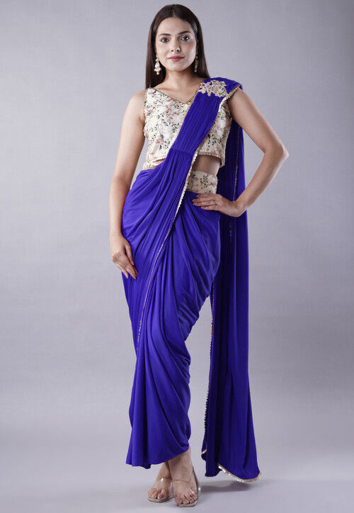 Buy Embroidered Art Silk Crop Top Set in Royal Blue Online