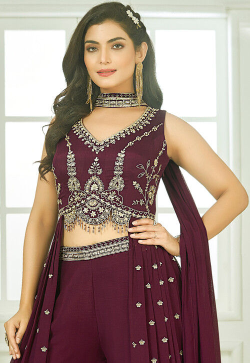 Embroidered Art Silk Crop Top Set in Wine