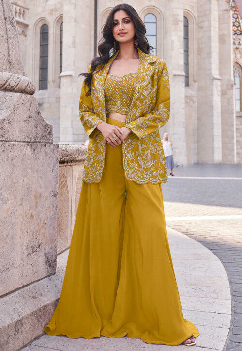 Embroidered Art Silk Crop Top Set with Jacket in Mustard