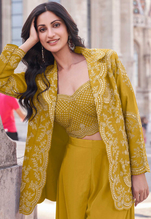 Embroidered Art Silk Crop Top Set with Jacket in Mustard