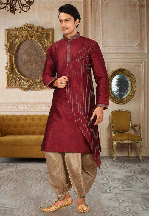 Embroidered Art Silk Dhoti Kurta in Maroon MLC878