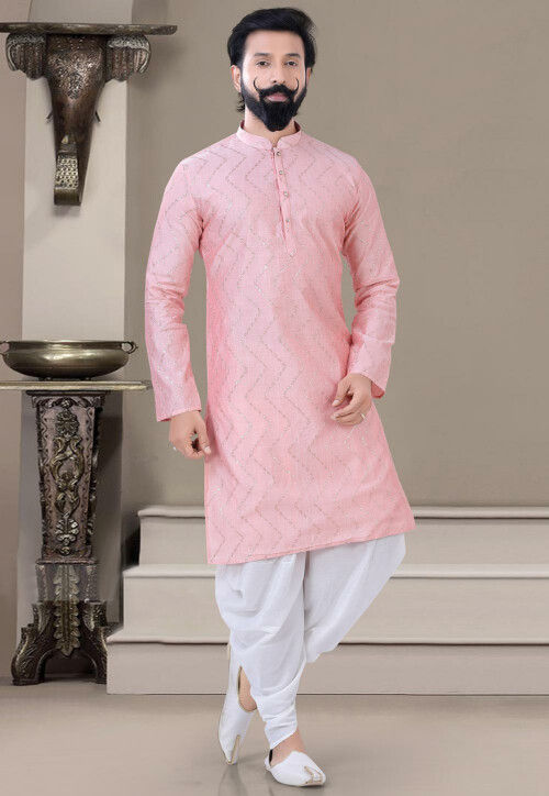 Embroidered Art Silk Dhoti Kurta in Pink