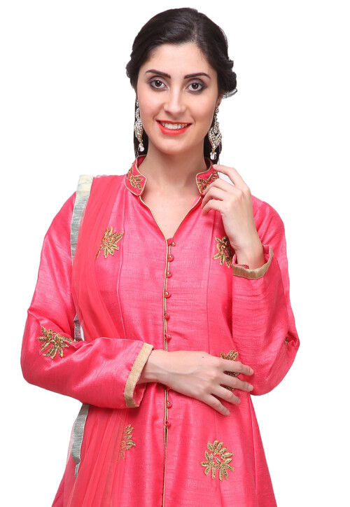 Buy Embroidered Art Silk Front Slit Anarkali Suit in Fuchsia Online ...