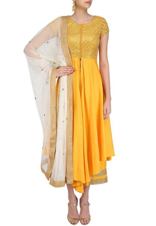 Embroidered Art Silk Front Slit Anarkali Suit in Yellow