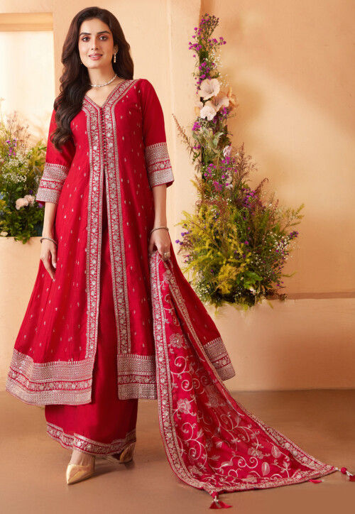 Embroidered Art Silk Front Slitted Pakistani Suit in Fuchsia