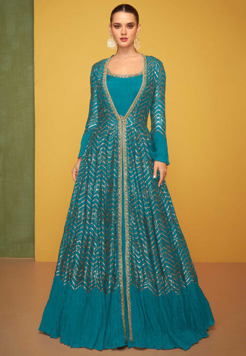Embroidered Art Silk Gown in Teal Blue