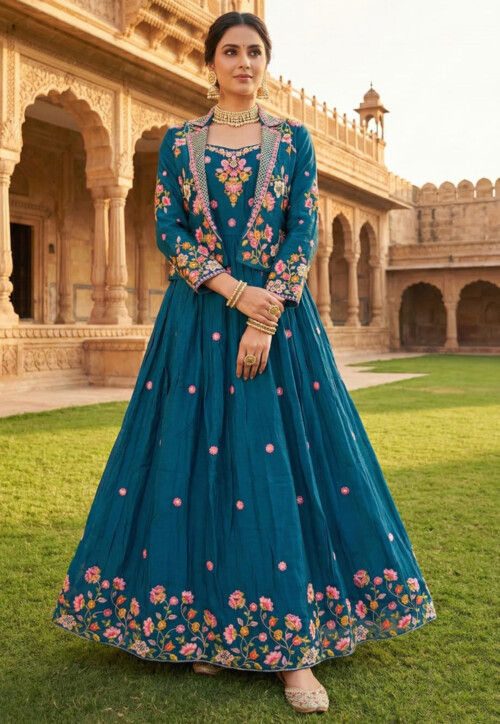 Buy Embroidered Art Silk Gown in Teal Blue Online : TKL561 - Utsav Fashion
