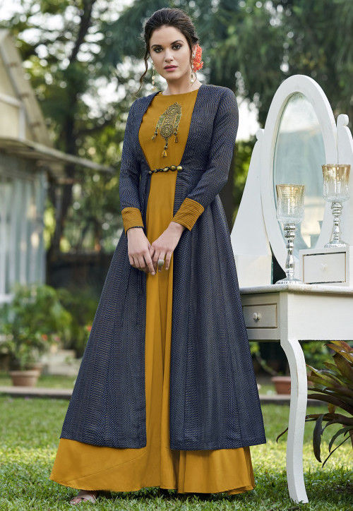 Embroidered Art Silk Jacket Style Gown in Mustard and Blue : TCH37