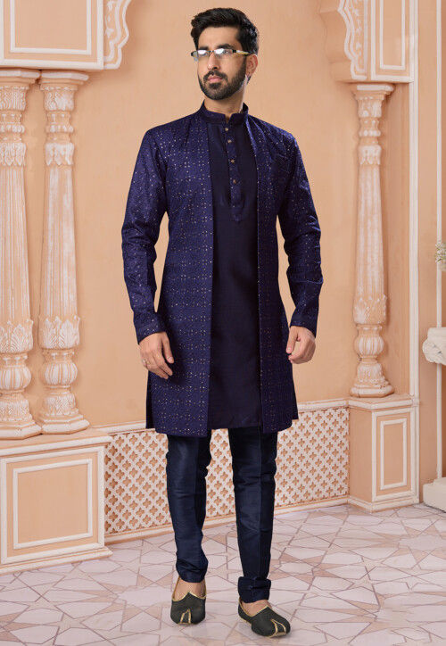 Embroidered Art Silk Jacket Style Sherwani in Navy Blue