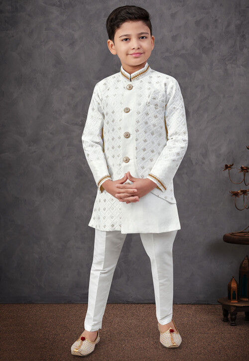 Embroidered Art Silk Jacket Style Sherwani in Off White