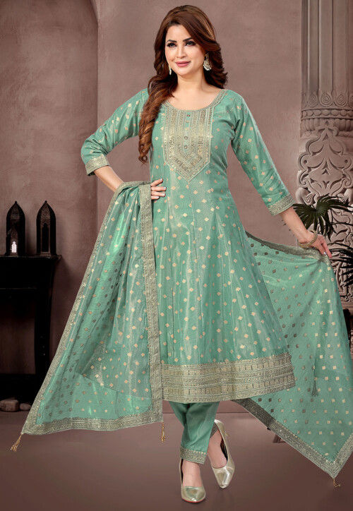 Embroidered Art Silk Jacquard A Line Suit in Light Green