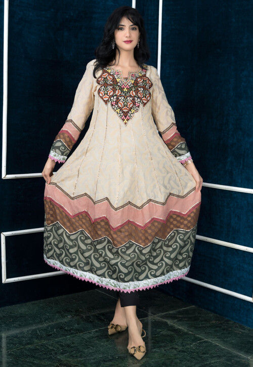 Embroidered Art Silk Jacquard Anarkali Kurta Set in Beige