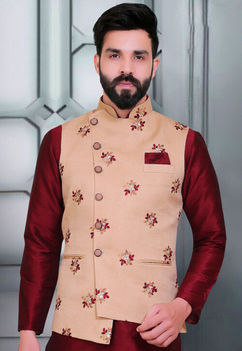 Embroidered Art Silk Jacquard Asymmetric Nehru Jacket in Beige