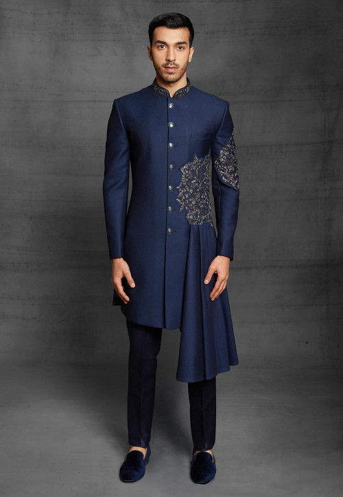 Buy Embroidered Art Silk Jacquard Asymmetric Sherwani in Navy Blue ...