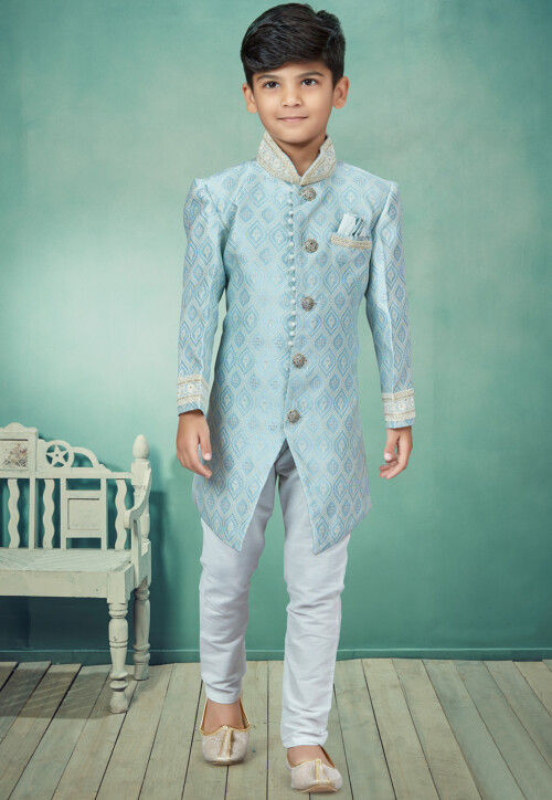 Embroidered Art Silk Jacquard Asymmetric Sherwani in Sky Blue