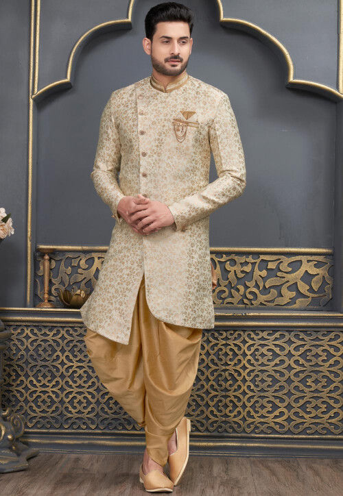 Embroidered  Art Silk Jacquard Dhoti Kurta in Cream