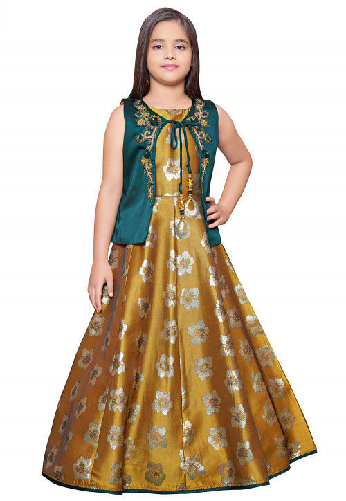 Buy Embroidered Art Silk Jacquard Gown in Old Gold Online : UKU955 - Utsav Fashion Buy Embroidered Art Silk Jacquard Gown in Old Gold Online : UKU955 - Utsav Fashion