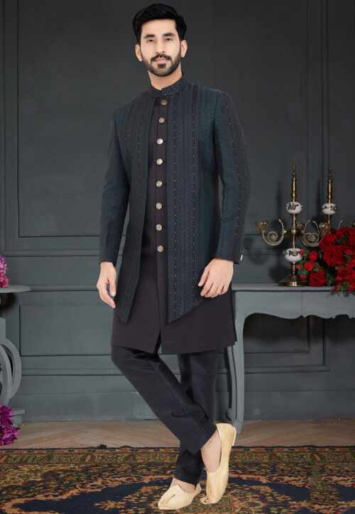 Embroidered Art Silk Jacquard Jacket Style Sherwani in Black