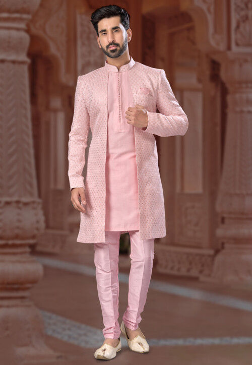 Buy Embroidered Art Silk Jacquard Jacket Style Sherwani in Peach