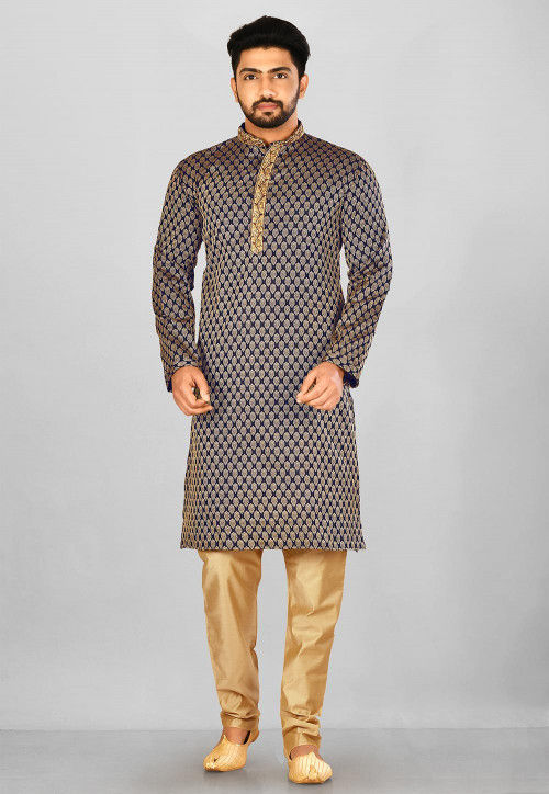 Embroidered Art Silk Jacquard Kurta Pajama in Navy Blue